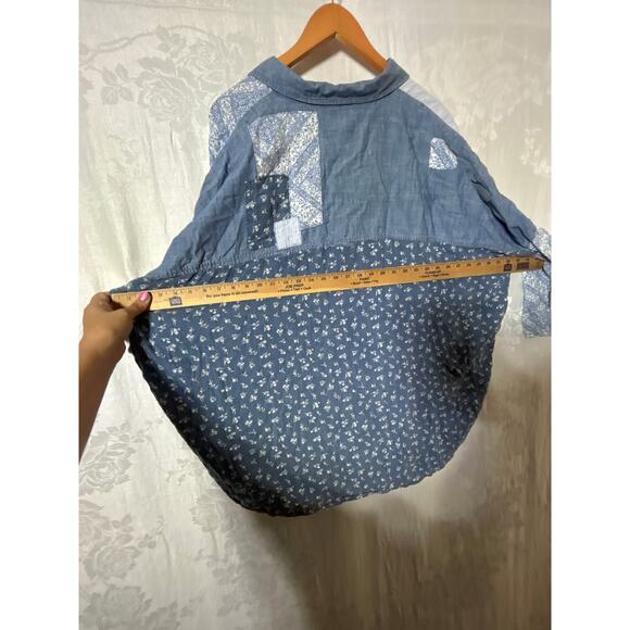 American Eagle Button Up Large Denim Look Floral Patchwork Cotton Linen - Picture 9 of 10
